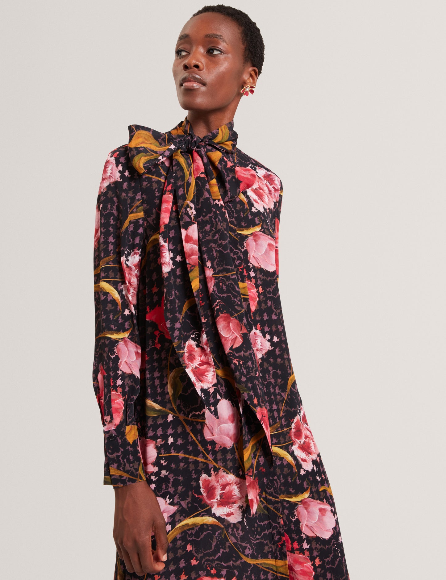 ELANN - Printed Tie Neck Midi Shirt Dress