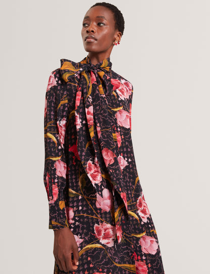 ELANN - Printed Tie Neck Midi Shirt Dress