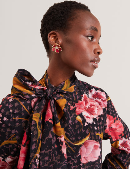 ELANN - Printed Tie Neck Midi Shirt Dress