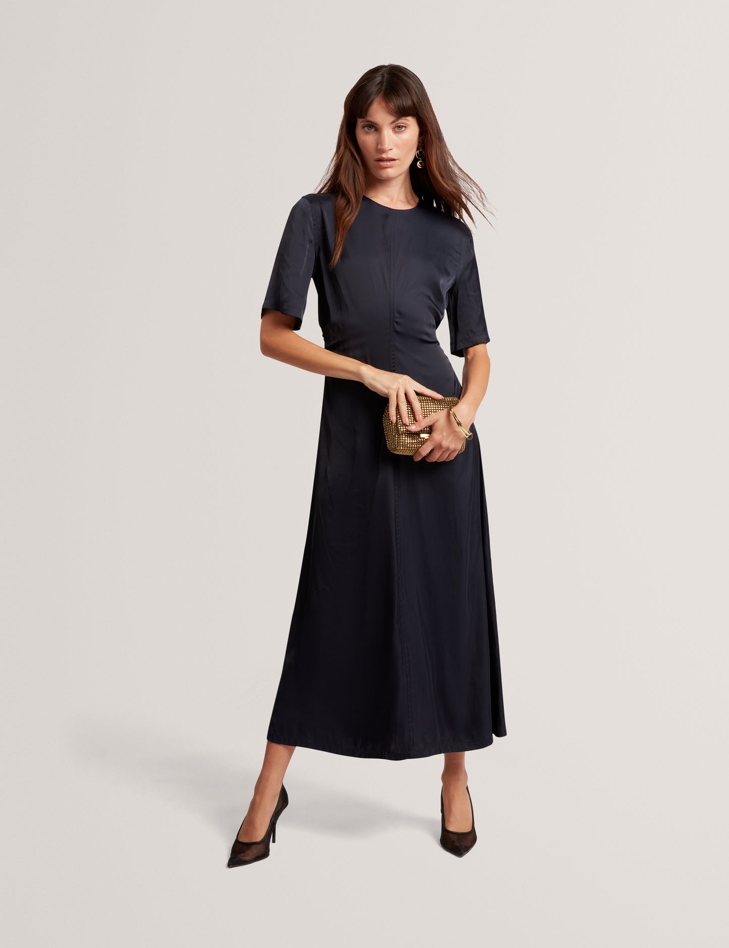 PLUMMA - Short Sleeve Gathered Waist Midi Dress