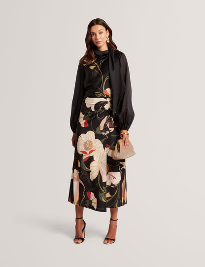 ORTUGA - Neck Tie Printed Long Sleeve Top