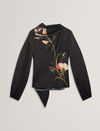 ORTUGA - Neck Tie Printed Long Sleeve Top