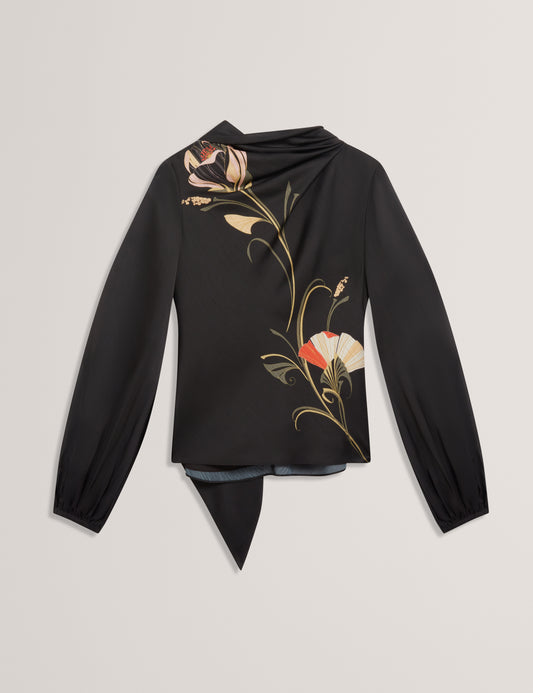 ORTUGA - Neck Tie Printed Long Sleeve Top