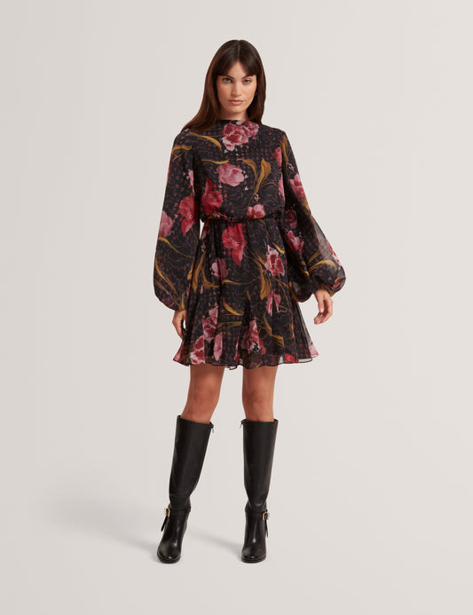 ENDRINA - Long Sleeve Printed Midi Dress