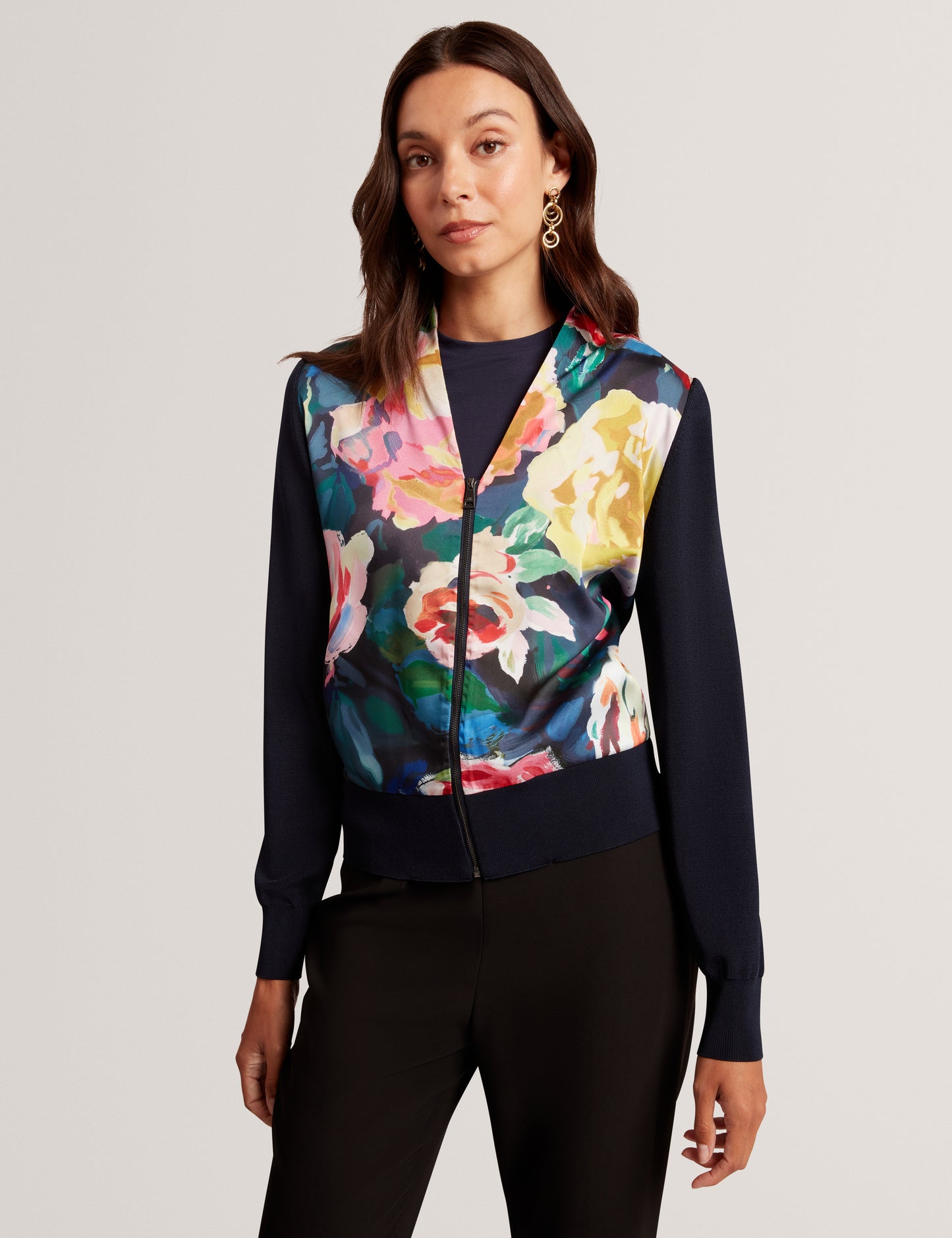 AMBBUR - Printed Woven Front Zip Through Cardigan