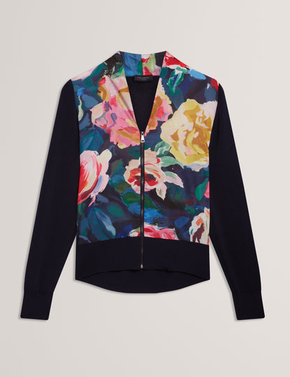 AMBBUR - Printed Woven Front Zip Through Cardigan