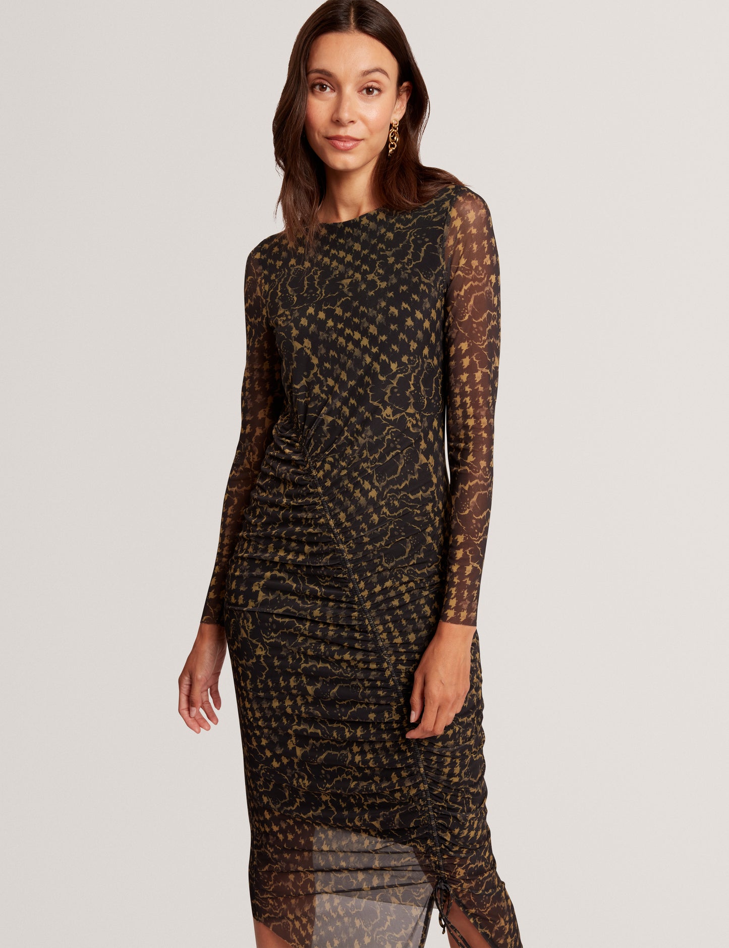 MAEMII - Ruched Mesh Midi Dress With Split