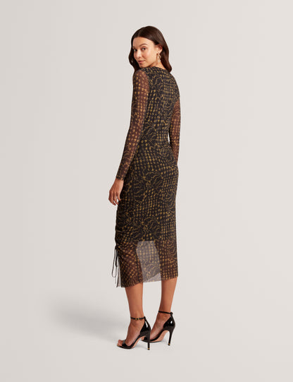 MAEMII - Ruched Mesh Midi Dress With Split